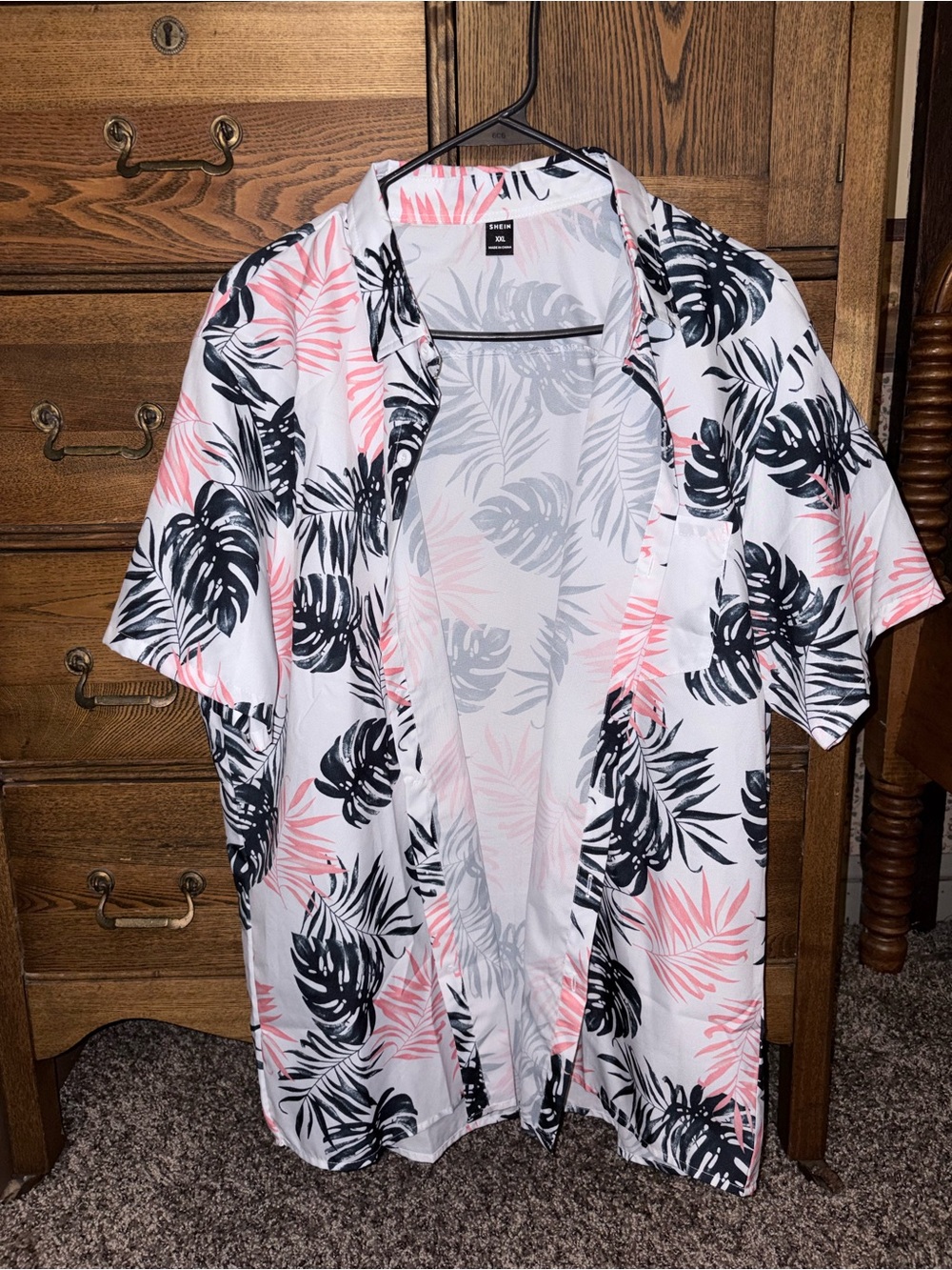 SHEIN Hawaiian White Short-Sleeve Shirt with Black & Pink Leaf Print